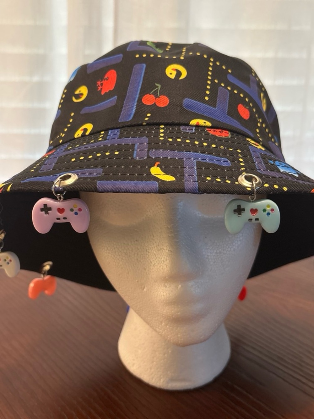 Retro Arcade Black Bucket Hat with Pink & Mint Gamepad Charms